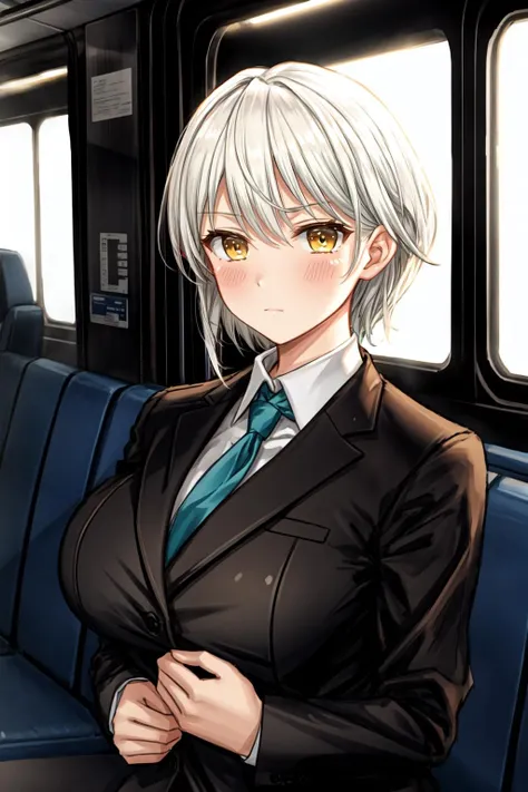 solo, MiyAtt, giant breasts, white hair, BREAK, yellow eyes, BREAK, (business attire:1.4), blush, bus interior, (shoulder shrugs, shoulders up:1.2)
<lora:Miyabi-11v2:0.7>
<lora:add_detail:1>
<lora:GoodHands-beta2:1>