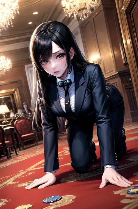 (masterpiece, best quality, detailed), 1girl, solo, looking at viewer, shimohira reika, black hair,
pant suit, suit, formal, black suit, black pants, necktie, white shirt, sunglasses, indoors, casino, chandelier, roulette, pocker chip, dutch angle, all fours, parted lips