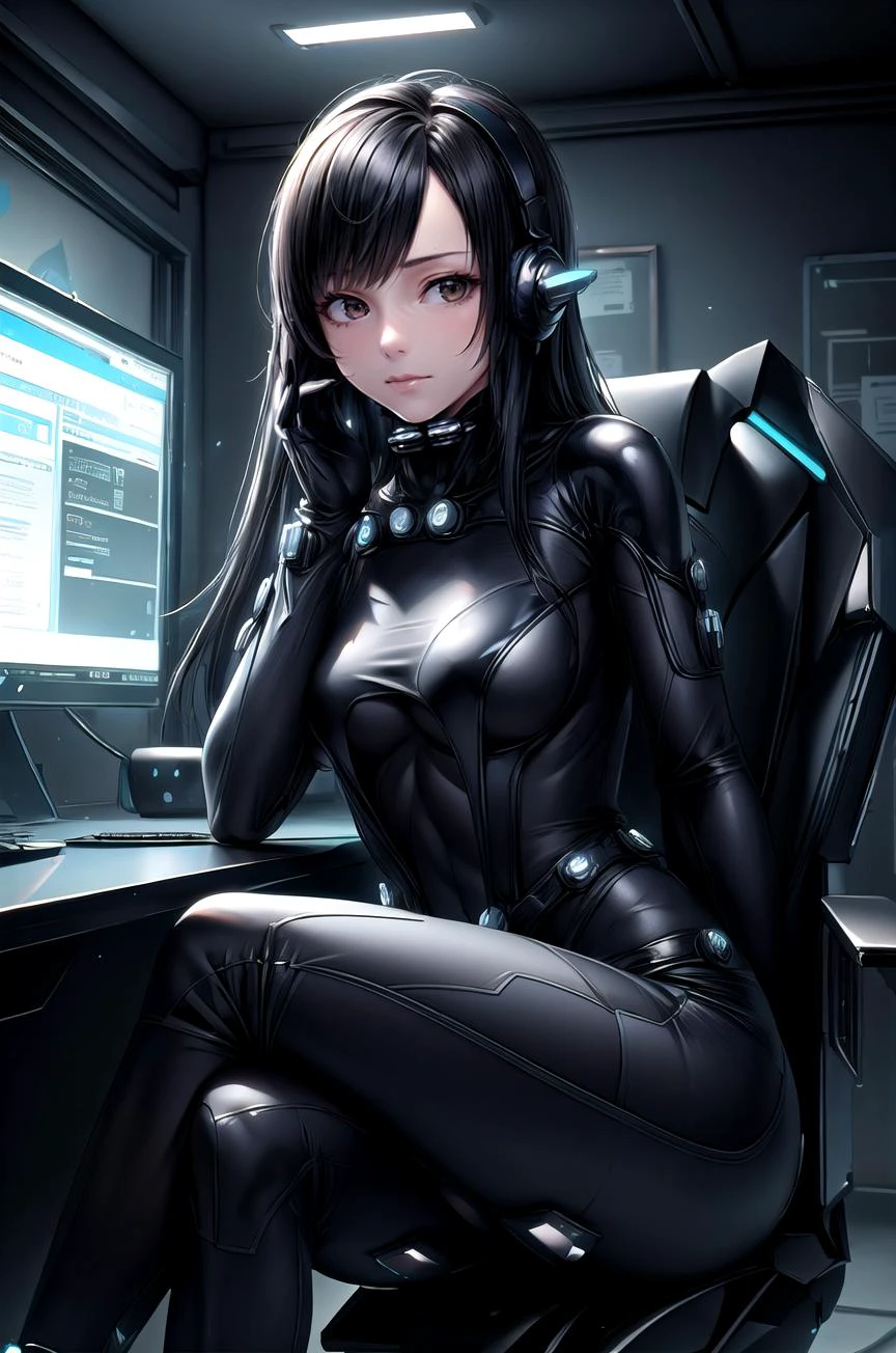(masterpiece, best quality, detailed), 1girl, solo, looking at viewer, shimohira reika, black hair,
<lora:StealthTech:1>, stealthtech, cutting edge, scifi, bodysuit, shoulder armor, interface headset, sleek angular, indoors, office, desk, office chair, sitting, crossed legs, closed mouth