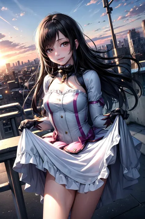 (masterpiece, best quality, detailed), 1girl, solo, looking at viewer, shimohira reika, black hair,
<lora:MadokaCostumePackV1_2:0.9>, madoka outfit, outdoors, rooftop, day, cityscape, blue sky, cloud, scenery, railing, dutch angle, skirt lift, smile, parted lips, blush