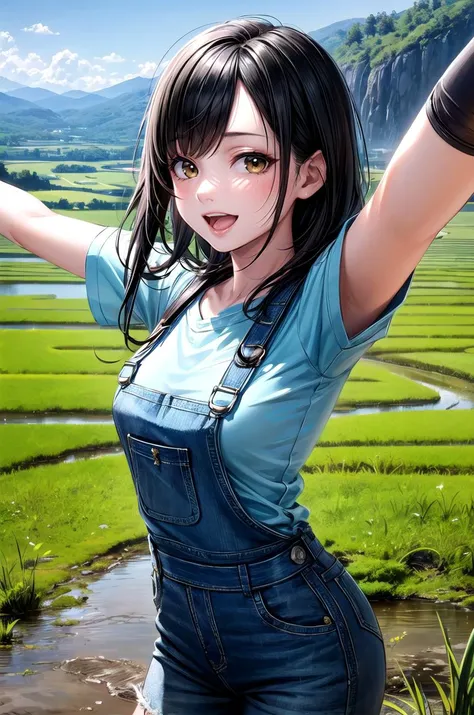 (masterpiece, best quality, detailed), 1girl, solo, looking at viewer, shimohira reika, black hair,
overalls, short sleeves, white gloves, green shirt, rice paddy, rural, mud, power lines, scenery, hill, mountainous horizon, house, spread arms, outstretched arms, smile, open mouth