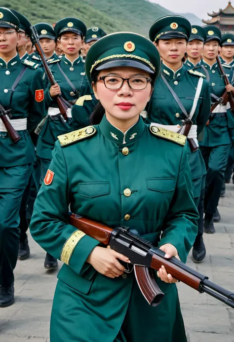 medium shot, <lora:Mynameis_hen:1>, photo of a woman, black hair, glasses, wearing a Chinese PLA uniform, holding a rifle, marching, (sharp forcus, highly detailed, 4k, 8k, best quality, masterpiece, ultra highres:1)