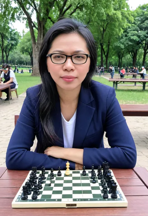 medium shot, <lora:Mynameis_hen:1>, photo of a woman, black hair, glasses, sitting at a table at the park, playing chess, (sharp forcus, highly detailed, 4k, 8k, best quality, masterpiece, ultra highres:1)