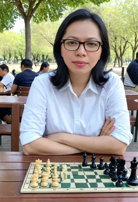 medium shot, <lora:Mynameis_hen:1>, photo of a woman, black hair, glasses, sitting at a table at the park, playing chess, (sharp forcus, highly detailed, 4k, 8k, best quality, masterpiece, ultra highres:1)