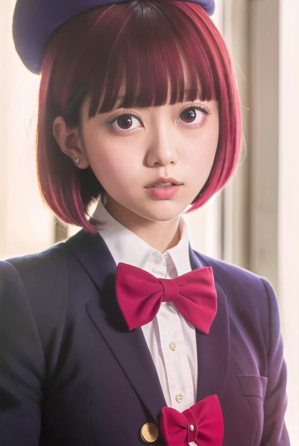 (masterpiece, best quality, highres, realistic, high_detailed_skin, perfect lighting, realistic clothe),
<lora:arima_kana_v08:0.8> , arima kana \(oshi no ko\),
school uniform, violet beret, pink_red bowtie, red eyes,