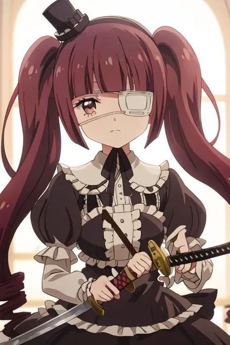 best quality, masterpiece, highres, solo, {hua_yuan_yurine_jashinchandropkick:1.15}, long_hair, twintails, eyepatch, medical_eyepatch, bangs, mini_hat, hat, lolita_fashion, gothic_lolita, red_hair, closed_mouth, brown_eyes, ribbon, brown_hair, black_headwear, 1girl, holding, holding_weapon, sword, weapon, backlighting, frills, holding_sword, katana, looking_at_viewer, upper_body