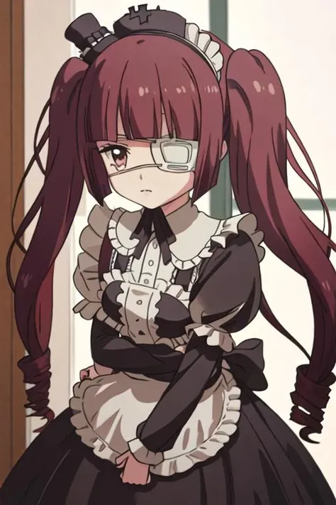best quality, masterpiece, highres, solo, {maid:1.40}, {long maid dress:1.15}, {hua_yuan_yurine_jashinchandropkick:1.15}, long_hair, twintails, eyepatch, medical_eyepatch, bangs, mini_hat, hat, lolita_fashion, gothic_lolita, red_hair, closed_mouth, brown_eyes, ribbon, brown_hair, black_headwear