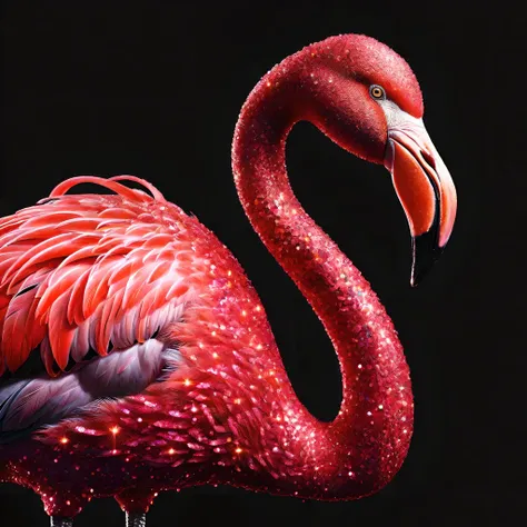 close up photo of a flamingo,beautiful,black backround,studio photo,black backround,highly detailed,realistic, lifelike,RedGlitter,<lora:SDXLRedGlitter:0.9>,<lora:add-detail-xl:1>,