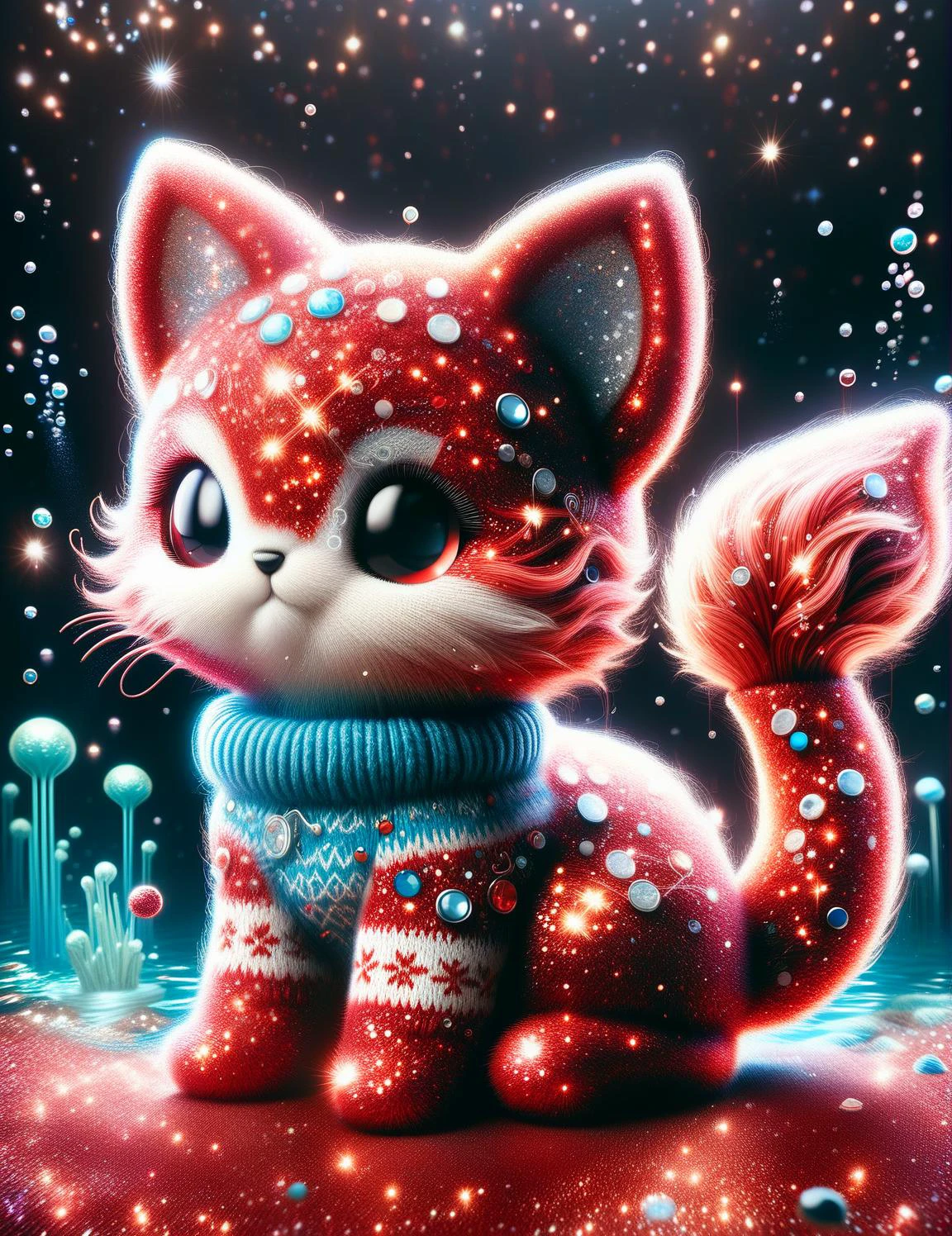 <lora:SDXLRedGlitter:1> RedGlitter, an adorable water kitty, fin tail, aquatic creature, water creature, high quality, pokemon, cute, adorable <lora:SDXLChristmasSweater:0.6> ChristmasSweater