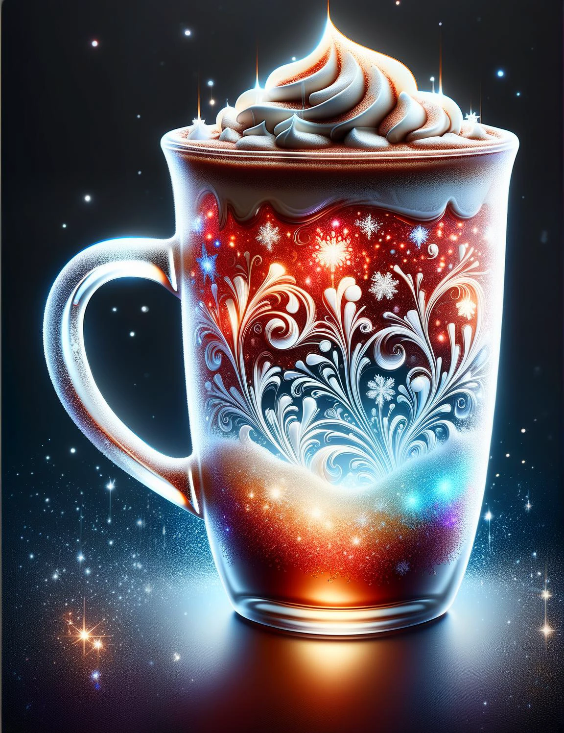 <lora:SDXLRedGlitter:0.6> RedGlitter, Highly detailed Dynamic shot of a transparent frosted glass mug of hot chocolate, extremely detailed, <lora:SDXLFrosted:0.8> FrostedStyle