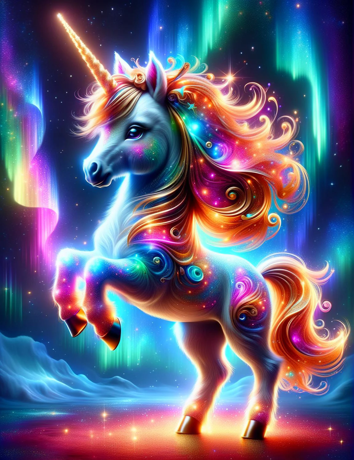 <lora:SDXLRedGlitter:0.7> RedGlitter, dynamic shot of a beautiful majestic kawaii unicorn, flying in a beautiful starry aurora night sky, wearing a golden collar, high quality, extremely detailed, beautiful, elegant <lora:SDXLAuroraStyle:1> AuroraStyle