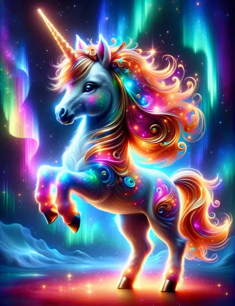 <lora:SDXLRedGlitter:0.7> RedGlitter, dynamic shot of a beautiful majestic kawaii unicorn, flying in a beautiful starry aurora night sky, wearing a golden collar, high quality, extremely detailed, beautiful, elegant <lora:SDXLAuroraStyle:1> AuroraStyle