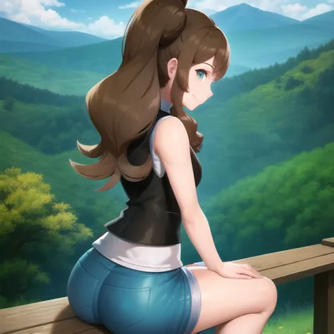 <lora:character_pokemon_hilda_v1:0.7> mountain, sunny, 1girl, character_pokemon_hilda, solo, sitting, on bench, hands on own thighs, from behind, from above, looking back, looking at viewer, smile, closed mouth, sleeveless shirt, vest, shorts