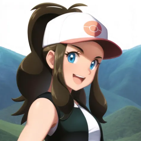 <lora:character_pokemon_hilda_v2:0.7> mountain, sunny, 1girl, character_pokemon_hilda, solo, portrait, from side, looking at viewer, smile, open mouth, baseball cap, sleeveless shirt, vest