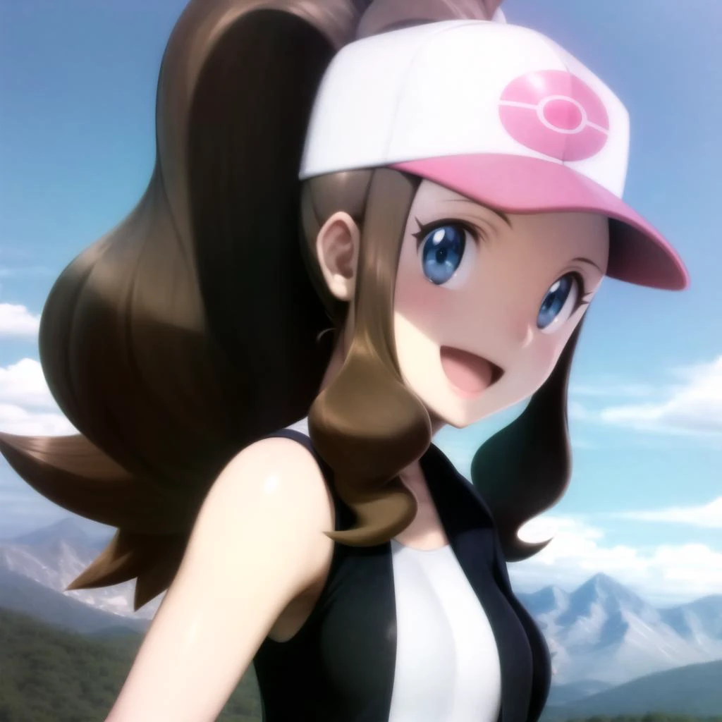 <lora:character_pokemon_hilda_v3:1> hilda \(pokemon\), mountain, sunny, 1girl, solo, portrait, from side, looking at viewer, smile, open mouth, baseball cap, sleeveless shirt, vest,