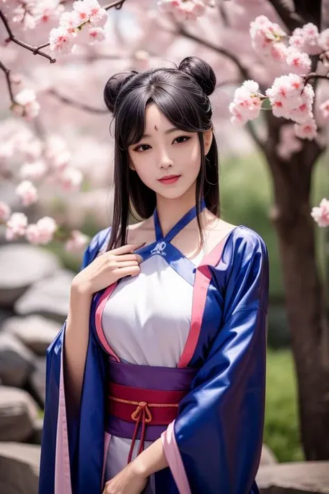 ltra-detailed,highly detailed,best quality,masterpiece,illustration,realistic,photorealistic,
liumengli, 1girl, solo, cosplay,
hanfu, chinese clothes, wide sleeves, long sleeves, sash, hair ornament, blue dress,
long hair, black hair, hair bun, blunt bangs, sidelocks,
looking at viewer, upper body, facial mark, light smile,
outdoors, grass, flower, day, cherry blossoms, tree, sunlight, photo background, rock,
<lora:liumengli_v1_06:0.7>