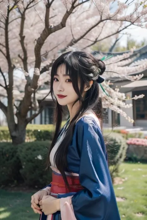 ltra-detailed,highly detailed,best quality,masterpiece,illustration,realistic,photorealistic,
liumengli, 1girl, solo, cosplay, 
hanfu, chinese clothes, wide sleeves, long sleeves, sash, hair ornament, 
long hair, black hair,single hair bun, blunt bangs, sidelocks, 
looking at viewer, upper body, facial mark, light smile, 
outdoors, grass, flower, day, cherry blossoms, tree, sunlight, photo background, rock, 
 <lora:liumengli_v1_06:0.7>