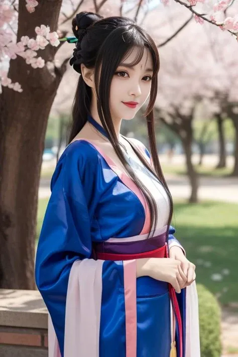 ltra-detailed,highly detailed,best quality,masterpiece,illustration,realistic,photorealistic,
liumengli, 1girl, solo, cosplay, 
hanfu, chinese clothes, wide sleeves, long sleeves, sash, hair ornament, blue dress, 
long hair, black hair,single hair bun, blunt bangs, sidelocks, 
looking at viewer, upper body, facial mark, light smile, 
outdoors, grass, flower, day, cherry blossoms, tree, sunlight, photo background, rock, 
 <lora:liumengli_v1_06:0.7>