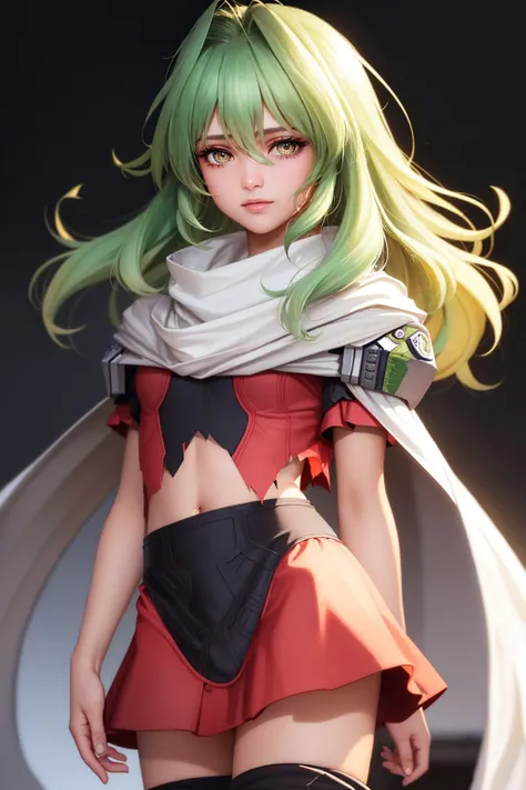 (masterpiece, best quality:1.2), <lyco:xenogears_emerada-10:1.0>, cowboy shot, solo, 1girl, emerada, dark skin, dark-skinned female, expressionless, closed mouth, looking at viewer, torn clothes, armor, pauldrons, skirt, thighhighs, scarf, midriff