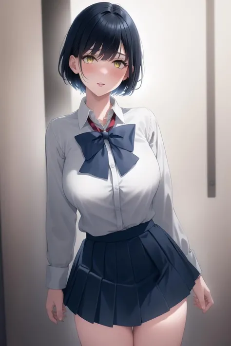 best quality, masterpiece,
(Highres), (Detailed Illustration), Ultra-Detailed, Ambient Light, Backlighting, Realistic Shadows, Glowing Particles, Light Particles, Digital Art, Soft Light, Soft Lighting, White Light, White Lighting, Reflections, Detailed Face, (Detailed Hair:1.2), Dim Lighting, Indirect Lighting, Reflections, Detailed Face, (Detailed Hair:1.2), (Desaturated:1.4),
1girl, solo, very short hair, navy blue hair, yellow eyes, large breasts, tomboy, bangs, full body,
<lora:Tomboy-3000-12repeats:0.7>, <lora:tareme_eyes:1.1>,
shameful, blush, parted lips,
JP SCHOOL UNIFORM,22 years old, face, looking at viewer, long sleeve, red skirt, white shirt, yellow bowtie,
front light, bright,
<lora:JP SCHOOL UNIFORM:0.7>
