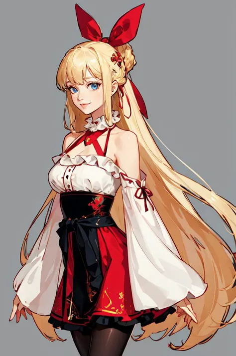ultra detailed, masterpiece, best quality, solo, soft smile, light smile,
1girl, blue eyes, very long hair, blonde hair, long blonde hair, french braid, bangs, medium breasts,
hair ribbon, frilled choker, criss-cross halter, sleeveless dress, high-waist skirt, backless dress, waist bow, detached sleeves, frilled sleeves, wide sleeves, pantyhose, patterned legwear, mary janes, <lora:DNFstyle_v3:0.75>