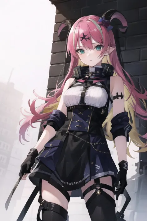 best quality, intricate details,
1girl, <lora:manoAloeHololive_v1:0.8> mano aloe, skirt, sleeveless, mismatched legwear, horn ornament,
<lora:urbanSamuraiClothing_urbansamuraiV03:0.8> techwear jacket, black gloves, tactical vest, with buckle and tape,