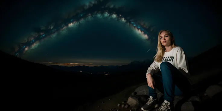 16K, Best Quality, High Quality, Highres, Masterpiece, Ultra Detailed, embedding:ViciousFamily\DV_S2_Shirin_Vicious is a beautiful girl, looking at viewer, perfecteyes eyes, multicolored hair, hiking boots,sneakers, jeans, t-shirt, hiking jacket, watching the sky, in a field, panoramic view of a mountain range in the background, at night, clear skies, milky way in the night sky, (slightly below:1.5), (solo:1.5), Creative Composition, Dynamic Angle, Foreshortening, Extraordinary, Landscape, ultra wide angle lens, dimly lit, Fashion Photography, Glamour Photography, Hyperrealism Style, Hypermaximalist, embedding:Positive\epiCPhoto, <lora:lora_perfecteyes_v1_from_v1_160:1.0>, <lora:Utilities\detail_slider_v4:1.0>, <lora:Utilities\nighttime_v1.safetensors:0.8>,