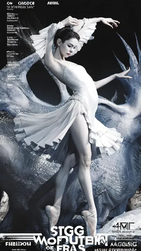 (poster),inem,black and white,swan,stage,opera,victoria,shakespeare, poster,ballet: swan lake,cinematic_angle,fisheye,<lora:poster V1A:1>,the actors danced gracefully on stage,