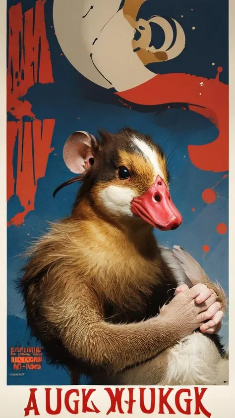 (poster),inem, poster,cinematic_angle,<lora:poster V1A:1>,rat headed duck neck,mouse duck,