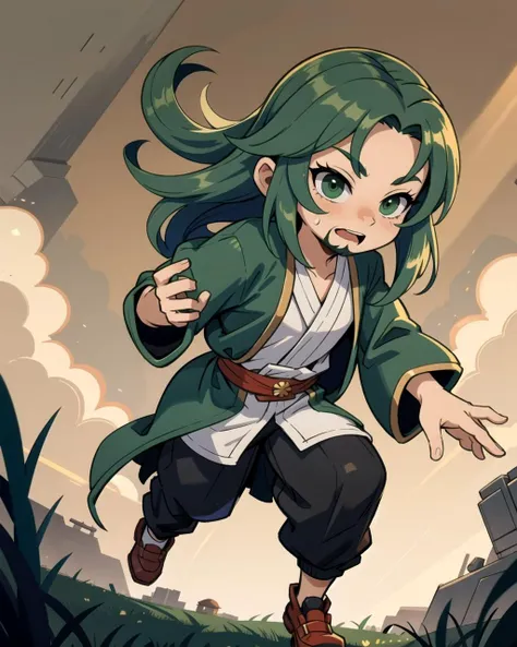 ((masterpiece), best quality, high quality, professional quality, highly detailed, highres, perfect lighting, natural lighting), (1boy, slender, handsome, facial hair, long hair, green hair), wearing wizard robes, running, on a battlefield