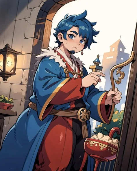 ((masterpiece), best quality, high quality, professional quality, highly detailed, highres, perfect lighting, natural lighting), (1boy, overweight, handsome, no facial hair, short hair, blue hair), wearing wizard robes, fighting, in a fantasy town