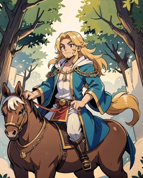 ((masterpiece), best quality, high quality, professional quality, highly detailed, highres, perfect lighting, natural lighting), (1boy, muscular, handsome, long beard, medium length hair, blonde hair), wearing wizard robes, riding a horse, outdoors