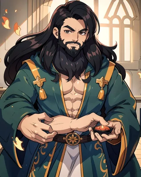 ((masterpiece), best quality, high quality, professional quality, highly detailed, highres, perfect lighting, natural lighting), (1boy, muscular, handsome, long beard, long hair, black hair), wearing wizard robes, casting a spell, in a castle