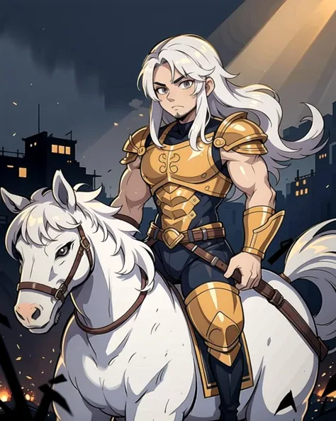 ((masterpiece), best quality, high quality, professional quality, highly detailed, highres, perfect lighting, natural lighting), (1boy, muscular, handsome, long beard, medium length hair, white hair), wearing armor, riding a horse, on a battlefield