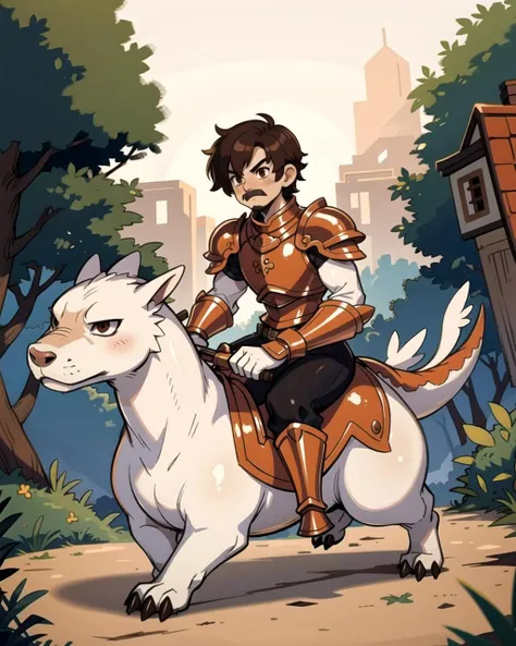 ((masterpiece), best quality, high quality, professional quality, highly detailed, highres, perfect lighting, natural lighting), (1boy, slender, handsome, mustache, short hair, brown hair), wearing armor, riding a dragon, outdoors