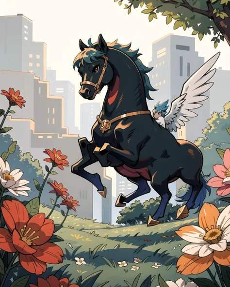 ((masterpiece), best quality, high quality, professional quality, highly detailed, highres, perfect lighting, natural lighting), pegasus, jumping, field of flowers