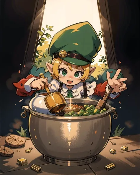 ((masterpiece), best quality, high quality, professional quality, highly detailed, highres, perfect lighting, natural lighting), leprechaun, hopping, on rainbow, holding pot of gold