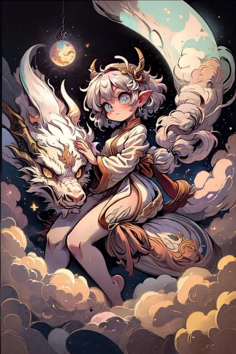 <lora:more_details:0.8>, <lora:moon_sora:0.6>, <lora:DragonCute:0.5>, dragoncute,moon sora, (best quality:1.4), (masterpiece:1.2), hyper-detailed, 4K resolution, a celestial maiden seated upon a billowy cloud, gently petting a majestic Chinese dragon, (looking at viewer:1.2). The dragon, (enigmatic:1.3), (powerful:1.2), (ancient:1.1), encircles the scene, a protective and awe-inspiring presence. The girl, bathed in (moonlight:1.4), her face serene and inviting, her fingers tracing along the intricate scales of the dragon. Draped in flowing silken robes, they catch the (ethereal:1.3) (silver glow:1.3) of the moon. (Starry backdrop:1.1), providing a contrast to the scene. High-angle shot, emphasizing the height and grandiosity of the moment, drawing focus to the girl and the dragon. Soft, atmospheric lighting enhances the details of the scene, providing a sense of tranquility and wonder.