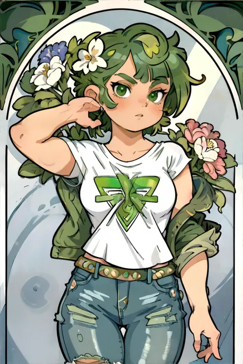 <lora:alphonsemucha:0.4> by alphonse mucha, woman with Emerald Green Textured Crop with Side Swept Bangs, wearing Casual: Ripped jeans, graphic tee, sneakers, and a denim jacket., Whimsical Wonderland with Giant Flowers, masterpiece, 8k, high resolution, shallow depth of field, sharp focus