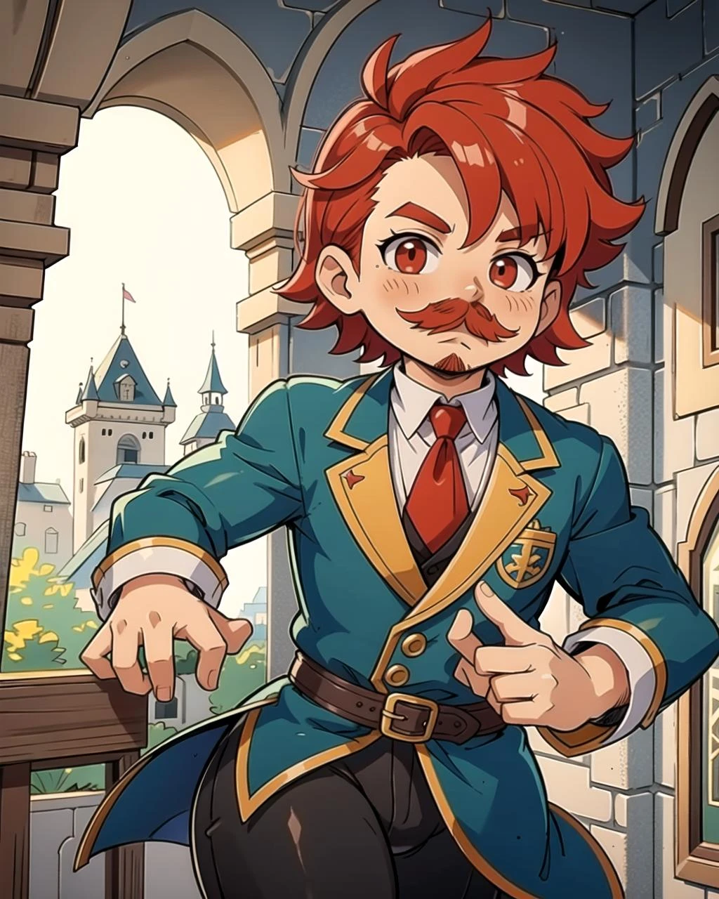 ((masterpiece), best quality, high quality, professional quality, highly detailed, highres, perfect lighting, natural lighting), (1boy, overweight, handsome, mustache, short hair, red hair), wearing fantasy clothing, running, in a castle