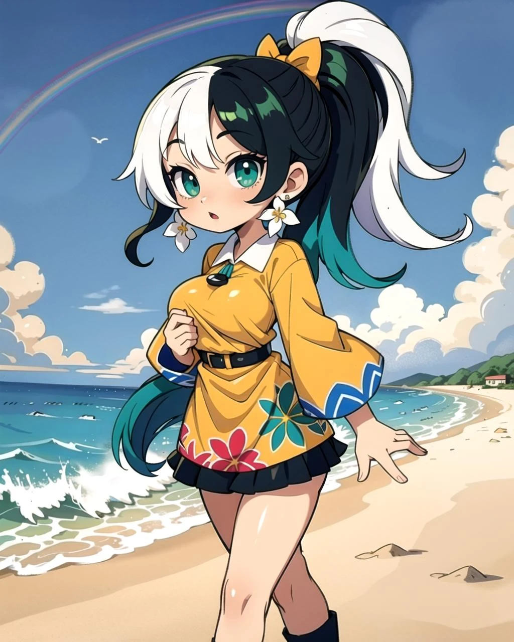 ((masterpiece), best quality, high quality, professional quality, highly detailed, highres, perfect lighting, natural lighting), (1girl, beautiful, medium breasts, (multicolored hair, white hair,black hair,green hair, long hair, high ponytail), perfecteyes eyes), (wearing rainbow print, extremelyBeautiful_beautifulclotheswild/Extremely beautiful clothes), on the beach, walking the boardwalk, <lyco:locon_perfecteyes_v1_from_v1_64_32:0.6>