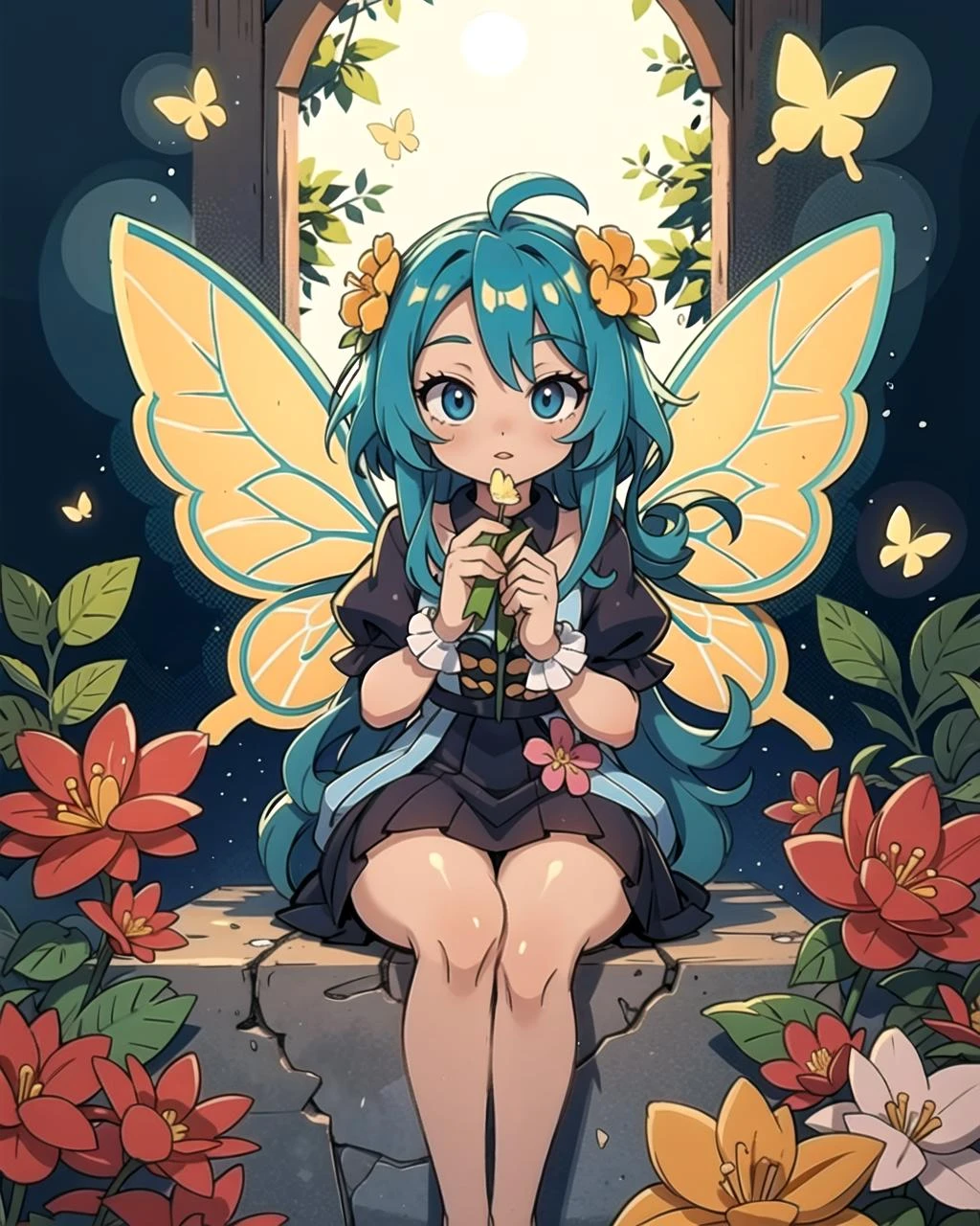 ((masterpiece), best quality, high quality, professional quality, highly detailed, highres, perfect lighting, natural lighting), beautiful fairy, butterfly wings, multicolored wings, translucent wings, sitting, on flower