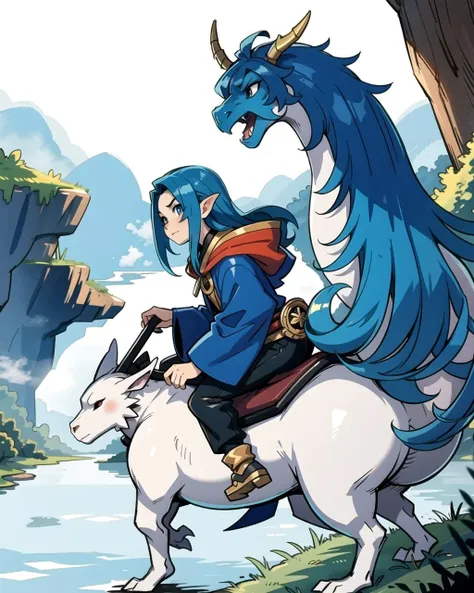 ((masterpiece), best quality, high quality, professional quality, highly detailed, highres, perfect lighting, natural lighting), (1boy, slender, handsome, facial hair, long hair, blue hair), wearing wizard robes, riding a dragon, by a lake