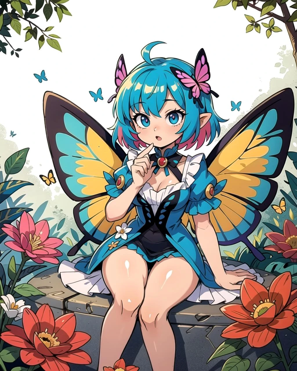 ((masterpiece), best quality, high quality, professional quality, highly detailed, highres, perfect lighting, natural lighting), beautiful fairy, butterfly wings, multicolored wings, translucent wings, sitting, on flower