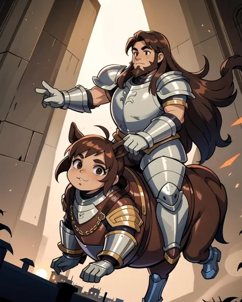 ((masterpiece), best quality, high quality, professional quality, highly detailed, highres, perfect lighting, natural lighting), (1boy, overweight, handsome, long beard, long hair, brown hair), wearing armor, riding a horse, in a castle