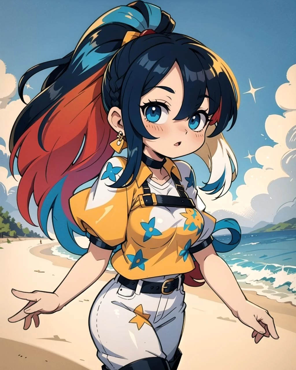 ((masterpiece), best quality, high quality, professional quality, highly detailed, highres, perfect lighting, natural lighting), (1girl, beautiful, medium breasts, (multicolored hair, black hair,blonde hair,blue hair, long hair, high ponytail), perfecteyes eyes), (wearing leather texture print, extremelyBeautiful_beautifulclotheswild/Extremely beautiful clothes), on the beach, walking the boardwalk, <lyco:locon_perfecteyes_v1_from_v1_64_32:0.6>