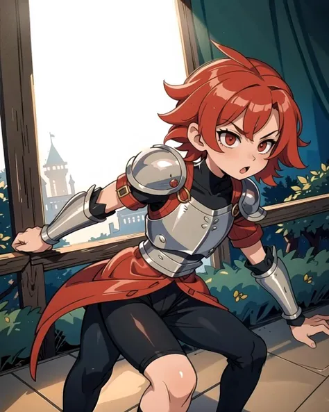 ((masterpiece), best quality, high quality, professional quality, highly detailed, highres, perfect lighting, natural lighting), (1boy, slender, handsome, goatee, short hair, red hair), wearing armor, fighting, in a castle