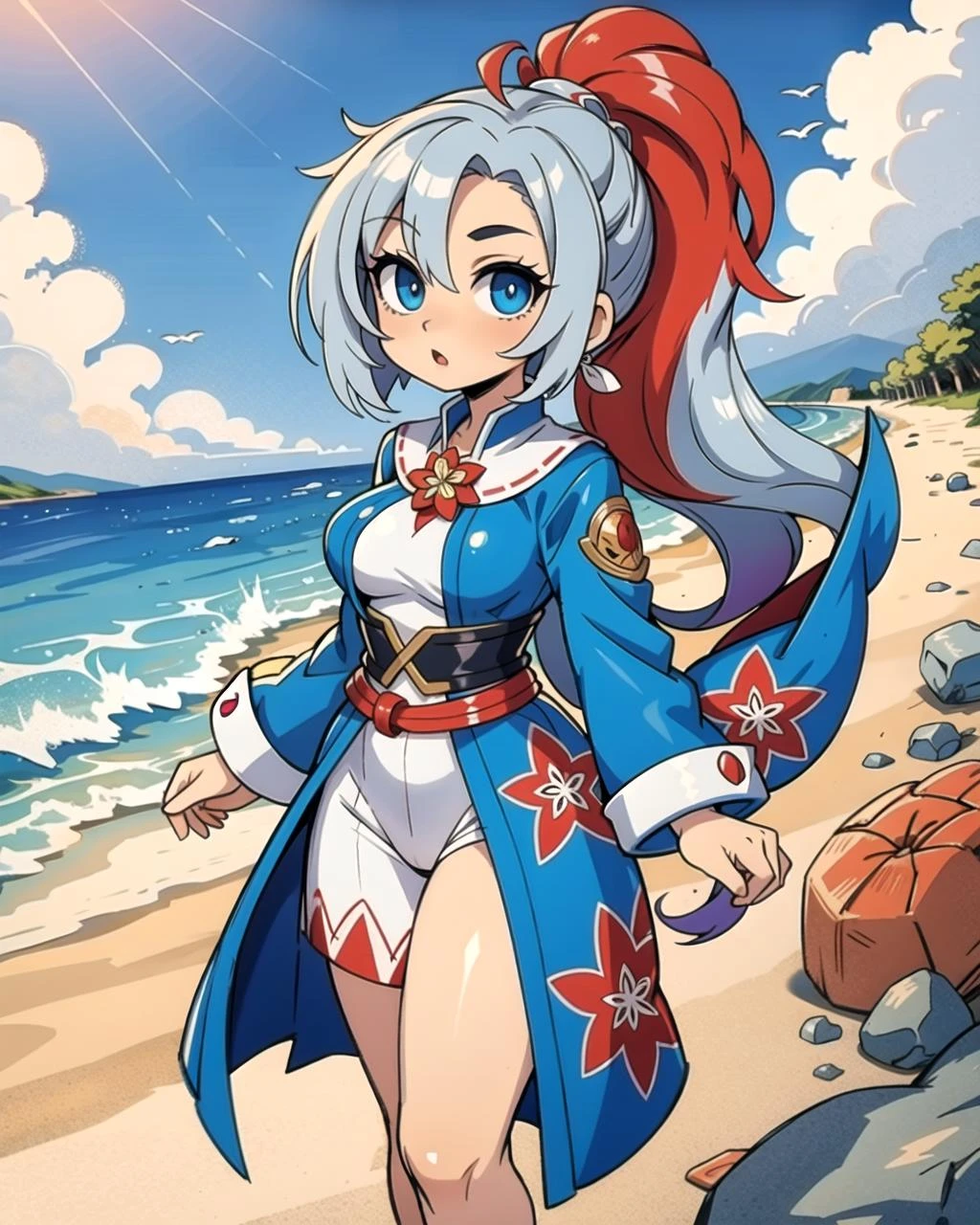 ((masterpiece), best quality, high quality, professional quality, highly detailed, highres, perfect lighting, natural lighting), (1girl, beautiful, medium breasts, (multicolored hair, silver hair,blue hair,red hair, long hair, high ponytail), perfecteyes eyes), (wearing stone texture print, extremelyBeautiful_beautifulclotheswild/Extremely beautiful clothes), on the beach, walking the boardwalk, <lyco:locon_perfecteyes_v1_from_v1_64_32:0.6>