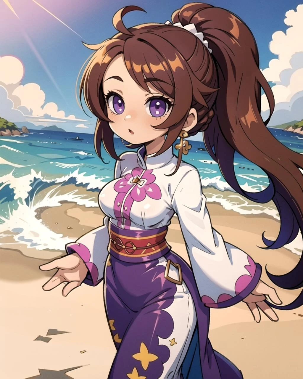 ((masterpiece), best quality, high quality, professional quality, highly detailed, highres, perfect lighting, natural lighting), (1girl, beautiful, medium breasts, (multicolored hair, white hair,brown hair,purple hair, long hair, high ponytail), perfecteyes eyes), (wearing pastel print, extremelyBeautiful_beautifulclotheswild/Extremely beautiful clothes), on the beach, walking the boardwalk, <lyco:locon_perfecteyes_v1_from_v1_64_32:0.6>