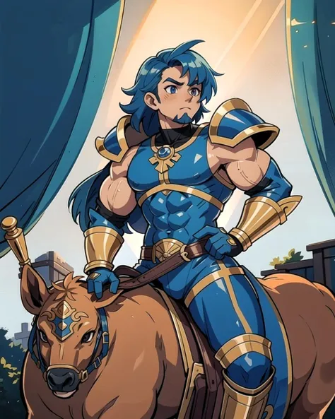 ((masterpiece), best quality, high quality, professional quality, highly detailed, highres, perfect lighting, natural lighting), (1boy, muscular, handsome, goatee, medium length hair, blue hair), wearing armor, riding a horse, in a fantasy town